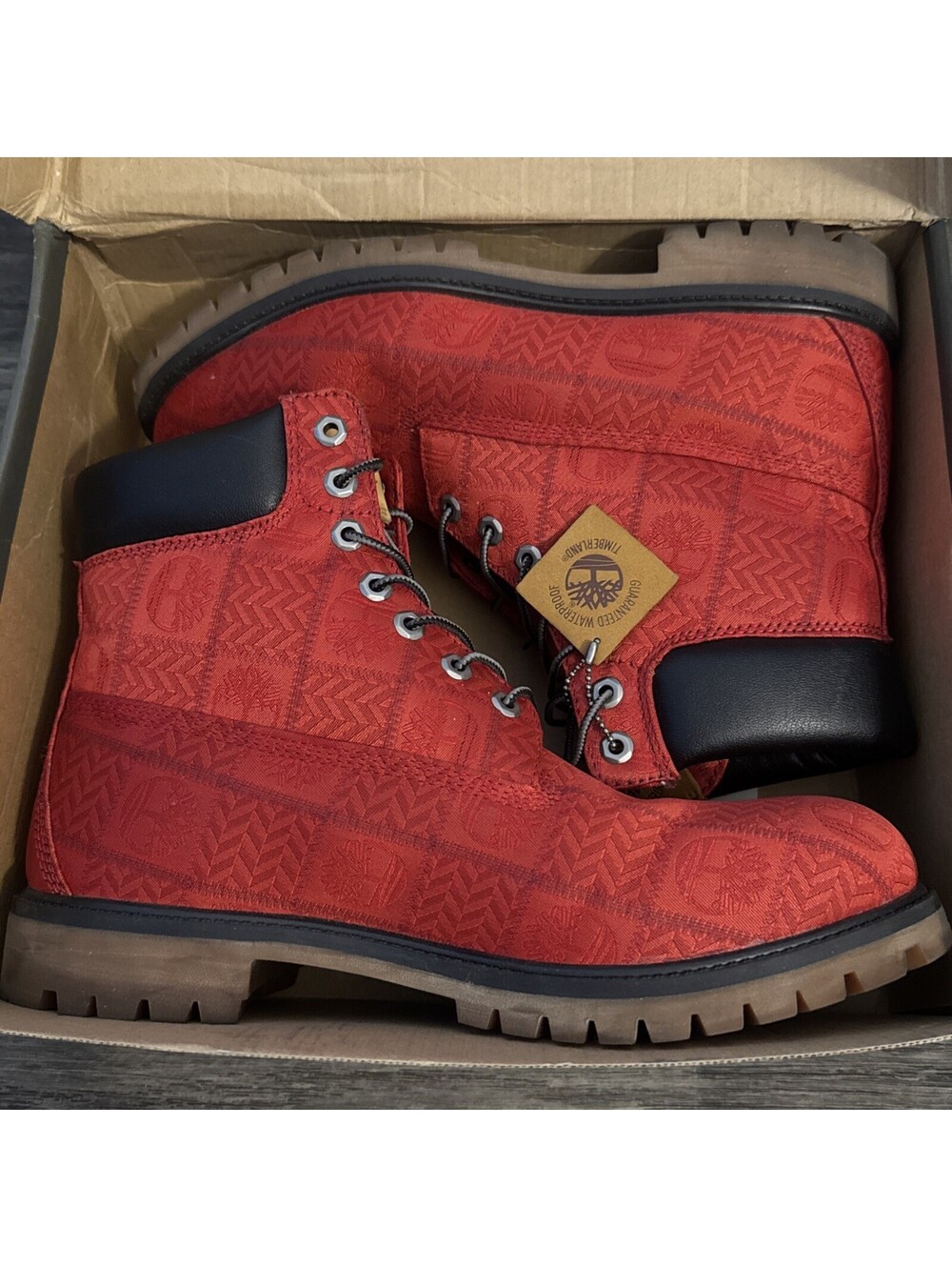 Timberland Red Embossed Patch Fabric Logo Waterproof Boots Size 12/ EU 46